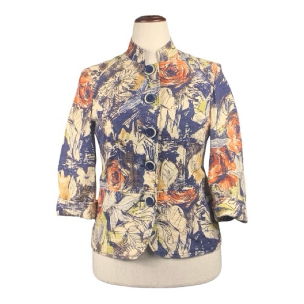 Multi Color 100% Cotton Floral Print Abstract Button Down Jacket Blazer Size 6